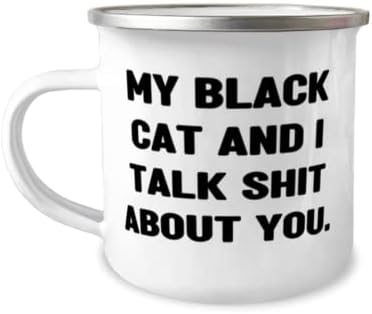 Meu gato preto e eu conversamos merda sobre você. Camper de 12 onças caneca, gato preto, brinca para gatos pretos,