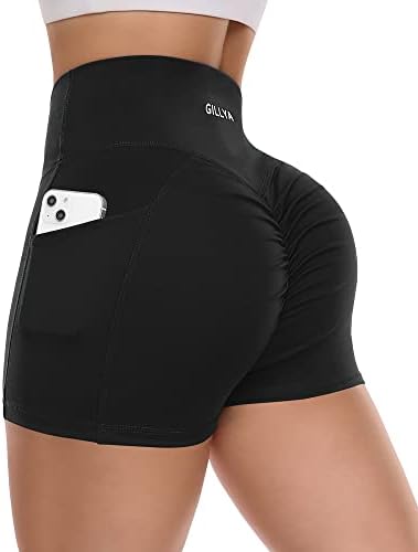 Gillya Women's Ritbed Cross Workout Shorts Scrunch Butt Shorts com bolsos de cintura alta V Cross Biker Shorts