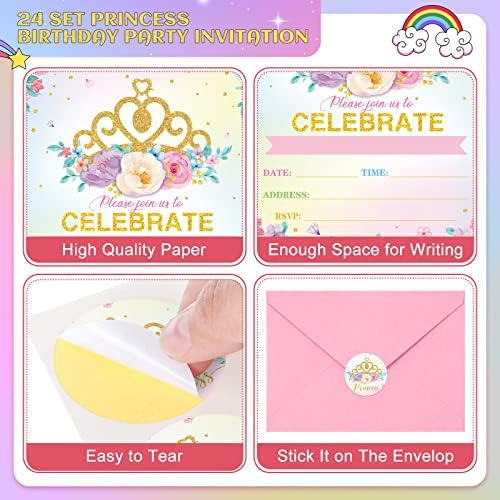 24 set Princess Baby Churche Invitation Pink Princess Annorde Invitation Cards com envelopes e adesivos Convite real de princesa