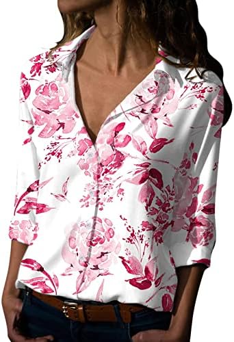 Camisetas de botão de blusa de impressão floral feminina