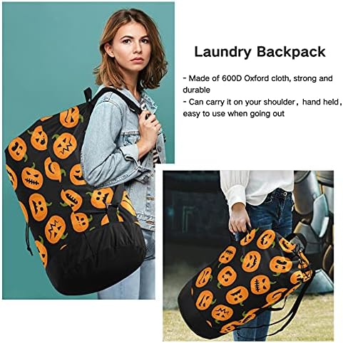 Feliz Halloween Pumpkins Funny Laundry Bolsa de lavanderia pesada Mochila com tiras de ombro Handles Travel Saco de lavanderia