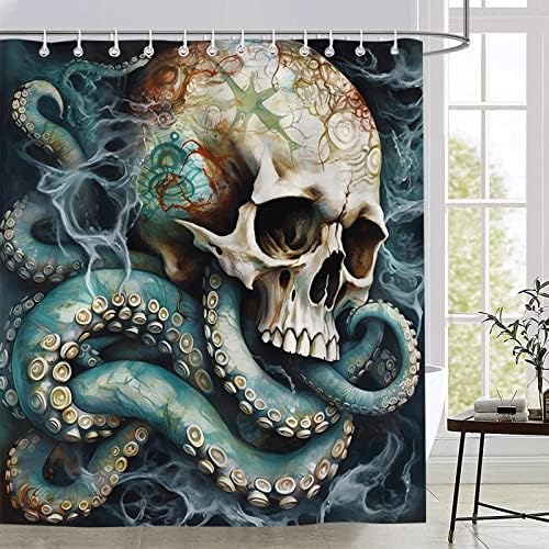 Bnyarh Octopus chuveiro cortina crânio Teal Animais marinhos Kraken Tentacle Horror Tema náutico Funny Halloween Abstract