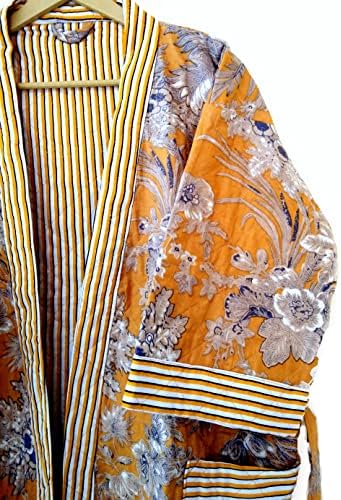 Pranipat Handicrafts Mulheres indianas usam algodão Floral Gold Print Handmade Front frontal aberto de comprimento médio de comprimento leve quimono jaqueta quimono