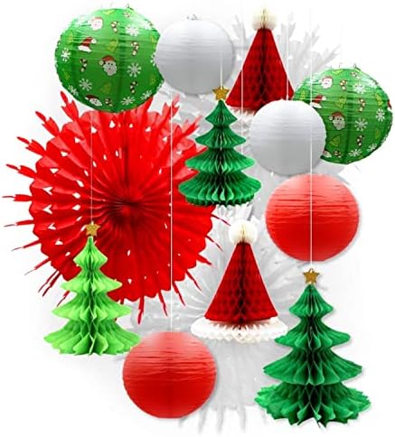 Uniqooo 14pcs variado 3d Natal Honeycomb de papel Decoração de lanterna Conjunto de guirlanda, células Poned Pine Tree Star, chapéu de Papai Noel, fã de floco de neve, lanternas japonesas para férias de banner de festa de férias suprimentos