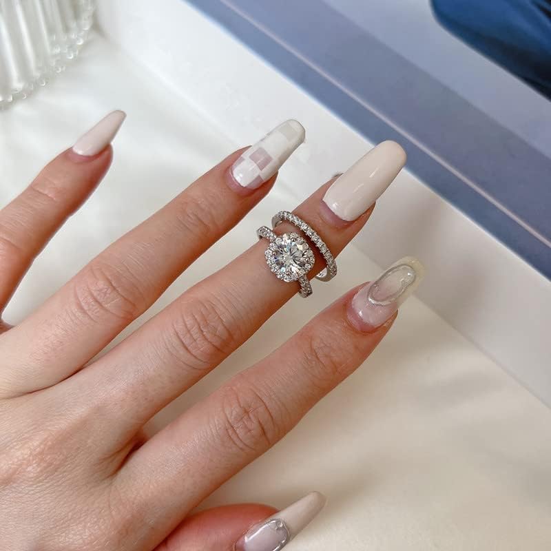 Anel de casamento Halo Conjunto para mulheres conjuntos de noivas Platinum Platinum Plated prate, 1-1/2 quilates moissanite anel de noivado conjunto de aniversários de ouro branco anéis