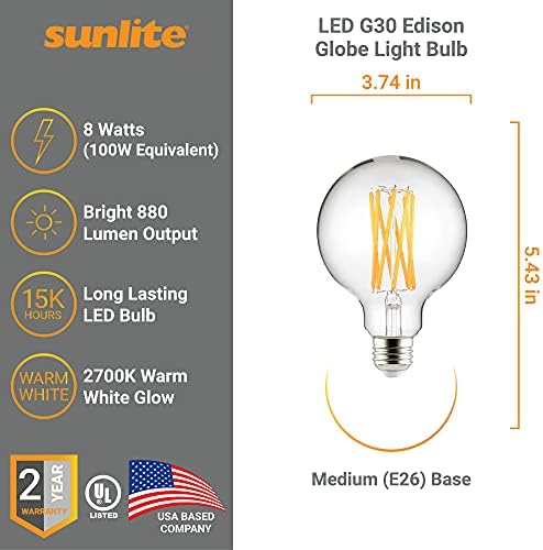 Sunlite 40969 LED G30 Edison Globe Bulbo, 8 watts, base E26 padrão, 880 lúmens, vidro transparente decorativo, diminuído,