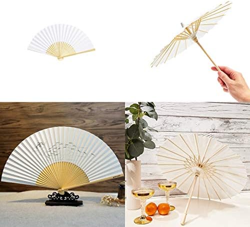 Gogmooi 10 PCs Paper Parasol Umbrella White e 10 PCs Fã de mão Branco para kits de artesanato DIY para casa, presente de casamento, festa, decoração de DIY, decoração chinesa/ japonesa DIY para pintor/ crianças