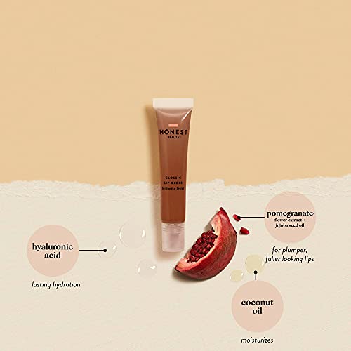 Gloss de lábios de beleza honesto, axinita | Vegano | Sheer + Buildable com óleo de coco e ácido hialurônico | Livre