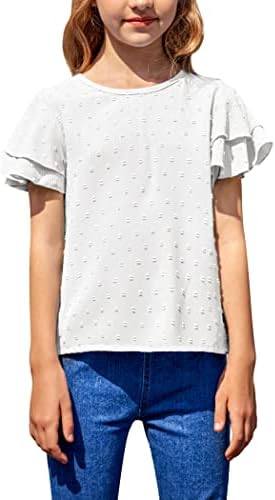 HopeAc Girls Ruffle Sleeve Casual T-shirts Sollover Pullover Blush Back Blouse Swiss Dot Tops por 4-13 anos