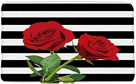 Tapete de banho de rosas vermelho preto e branco Flor Banheiro tapete de tapete de tapete verde folhas do dia dos namorados