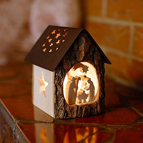 Decoração da floresta Titular de vela de madeira de madeira com cena de natividade - Mesa de madeira premium peça central - suporte