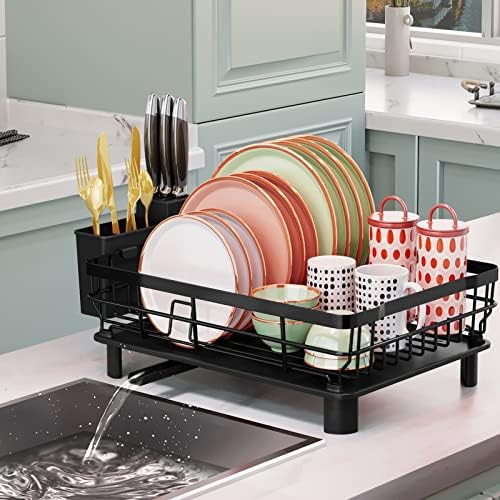 Xlmys rack de secagem de pratos, prato de prato prato para balcão de cozinha, esgotador de pratos com tábua de secagem e suporte