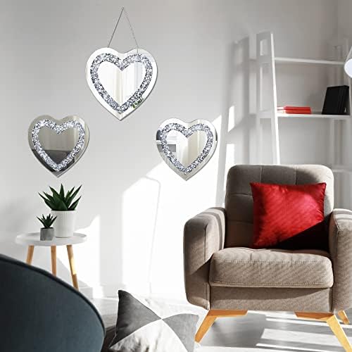3 PCs Cradas de cristal Diamante em forma de coração espelho prateado para parede, 12 e 8 polegadas de diâmetro parede pendurada decoração de espelho sem moldura Decoração de parede decoração de vidro Diamante para quarto da sala de estar do banheiro