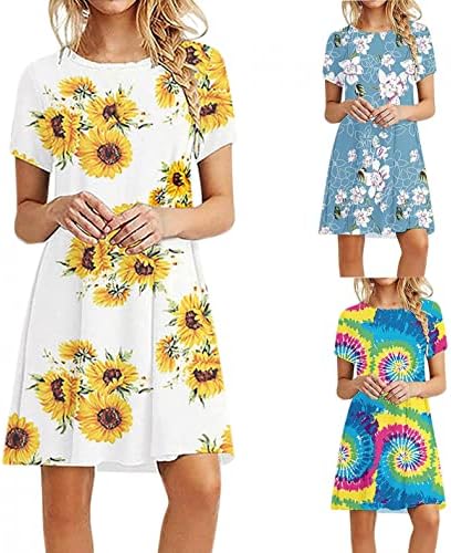 Vestidos de verão quentes para mulheres 2022 Casual Crewneck Vestidos de camiseta de manga curta Boho Beach Dress