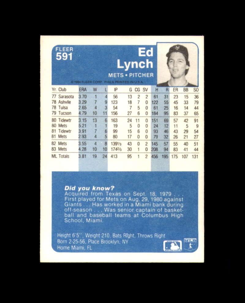 Ed Lynch Hand assinado 1984 Fleer New York Mets Autograph