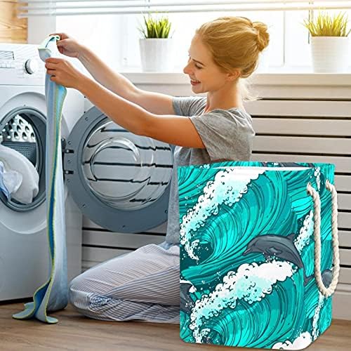 Indicultura de lavanderia cesto de golfinhos azuis ondas marítimas padrão de lavanderia colapsível