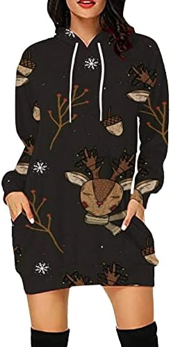Ruziyoog feminino Feliz Natal Capuzes Vestido feio de manga longa de manga longa Desenhada Mini vestidos de moletom de natal
