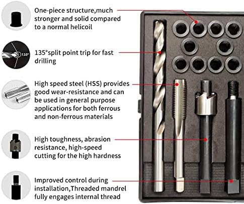 Sennmonn M8X1.25 Kit de reparo de rosca com broca HSS de 11,7 mm Inserir, toque, driver de instalação, inserção de aço inoxidável