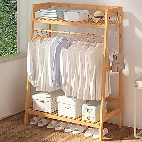 Rack de roupas de bambu LJHSS, prateleiras de armazenamento de duas camadas, rack de penduramento, organizador multifuncional de prateleira de armazenamento, para entrada de quarto em casa