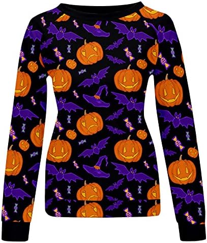 Ruziyoog Halloween Women Sweatshirts Pumpkin Print Print Casual Pullover solto Blusa Crew pescoço engraçado camisetas