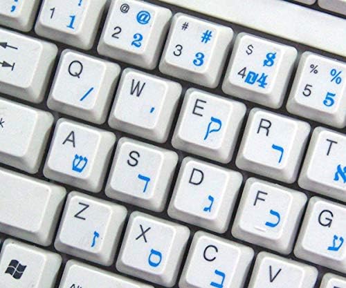 Etiquetas de teclado hebraico com letras azuis em fundo transparente para desktop, laptop e notebook