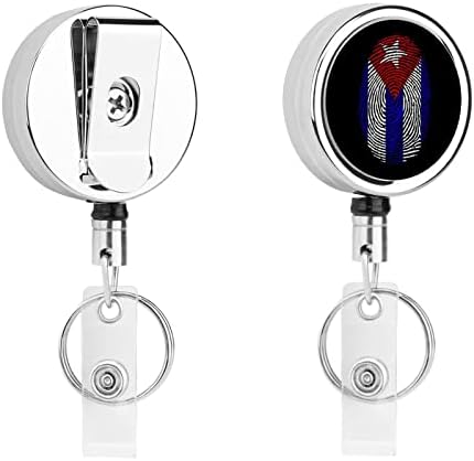 Cuba Flag Finger Metal Metal Batilher Coloque o suporte de cartão de identificação retrátil com anel de chave de clipe de cinto