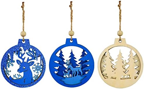 Joiedomi 6 PCs Ornamentos de Natal de madeira, ornamentos de madeira azul esculpida em renas, ornamentos de rena pendurados para