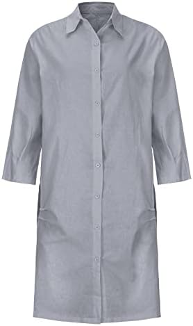 Vestidos de camisa de linho de algodão feminino Moda de verão Botão de cor sólida lapela bolso solto mangas compridas