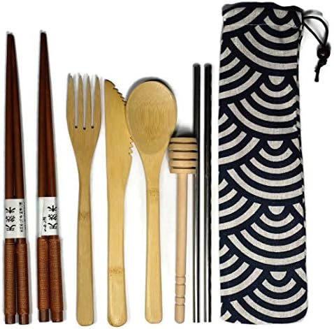 Utensílios de bambu | Garfo, colher, faca, canudos de metal, agitador de café, pauzinhos e pacote de viagem | Utensílios de cozinha sustentáveis ​​e ecológicos