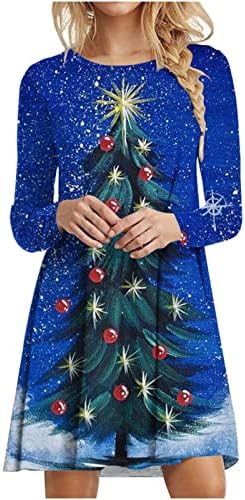 Mulheres Midi Shirt Dress Christmas 3D Impressão de mangas compridas Y2K Rockabilly Holiday Beach Casual Sundress Pullover Dress