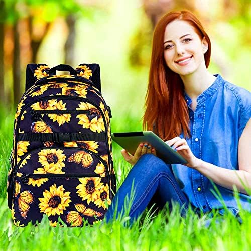 Garotas Backpack Sets, Livro de Flores de Girassol Resistente à Água, Mochilas Elementares para Adolescentes Escola com Porto