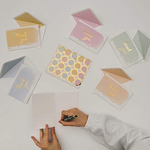 Cards de agradecimento de 100 aquarela e ouro com envelopes e adesivos, variedade de caixas em caixa de notas de arco