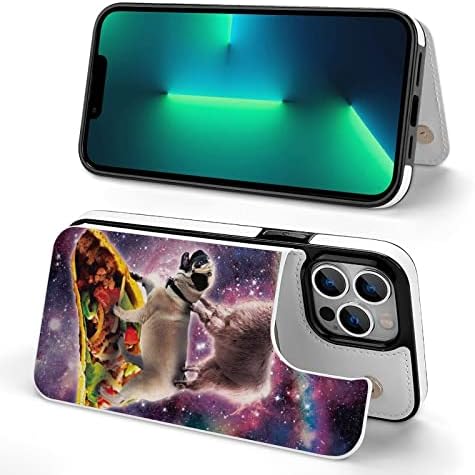 Rainbow Space Llama em Pug Riding Taco Compatível com o iPhone 13 Pro Max Wallet Case com suporte para o suporte do suporte