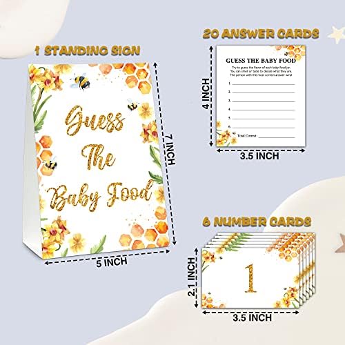 Jogos de chá de bebê de abelha mel, adivinhe o jogo de chá de bebê com comida de bebê para menino, jogos de revelação de gênero, decorações do chá de bebê - 1 sinal com 20 cartões de resposta e 6 cartas de números - A10