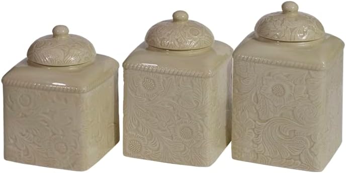 Hiend Accents Savannah 3 peças Conjunto de recarga de caixa de jantar cerâmica, padrão floral de couro com ferramentas turquesa, estilo ocidental rústico moderno