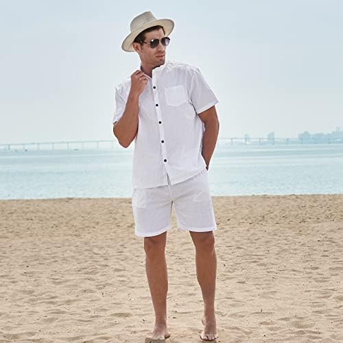 Aotorr masculino de linho de 2 pedaços de botão de manga curta e roupa de praia curta