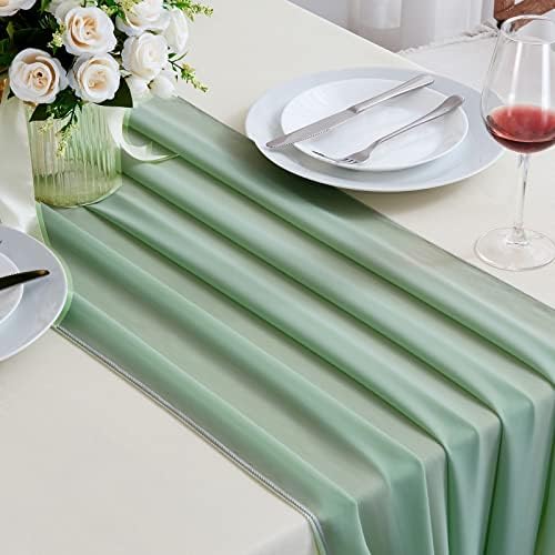 5 Pacote de mesa de chiffon verde sálvia corredor de mesa de casamento de 10 pés 29x120 polegadas pura de tule romântica Tule Runner para decoração de casamento Decoração de chá de panela de chá de noiva