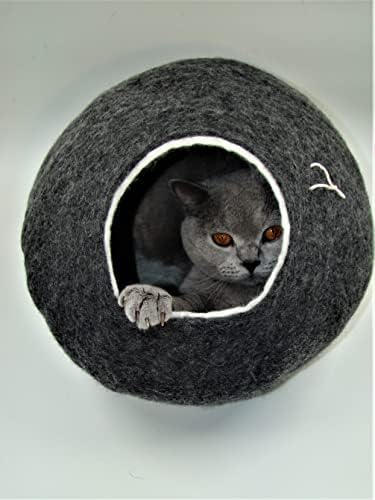 Caverna de gato kivikis, casa, cama, soneca, casulo feito à mão de lã de ovelha natural, cor cinza escuro