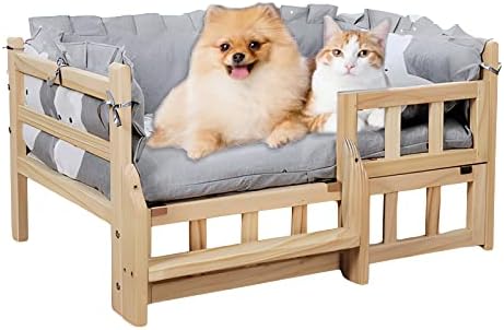 LJBP Grey Cama de cachorro elevada de madeira, Kennel de berço de animais de estimação elevado com cama lavável, área de lazer de gatos estáveis ​​e duráveis