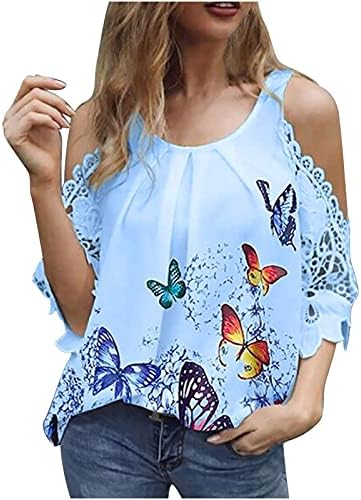 Camiseta feminina de ombro feminino Blusa meia-manga de calda redonda impressão borboleta de verão Blusa macia e