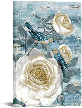 O Ouelegent White Rose Canvas Arte da parede Vintage Pintura de flores Blue Birds Picture for Home Bedroom Sala de jantar Decoração de parede emoldurada e obra de arte esticada pronta para pendurar 24x36 polegadas