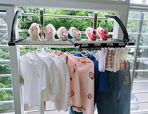 Rack de secagem por portáteis de roupas candidatos para grade da varanda da janela, Rack de lavanderia retrátil de toalha dobrável, com clipes de meias para meias de secagem