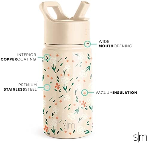 Garrafa de água moderna de crianças modernas com tampa de palha | Tumbler reutilizável em aço inoxidável isolado para crianças pequenas, meninas, meninos | Coleção do Summit | 14oz, Chloe Floral