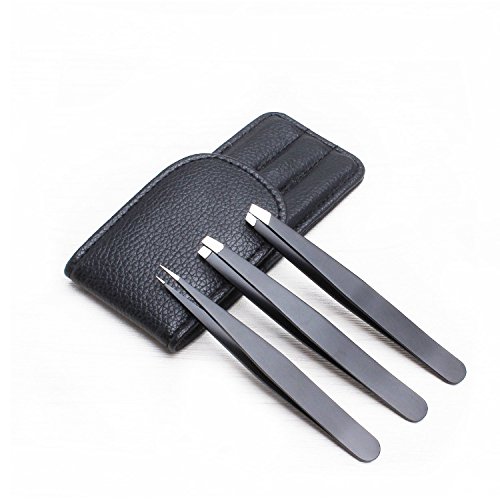 Conjunto de pinça de sobrancelha preta - clipe de pinça inclinado, pontiagudo e de ponta plana com estojo de bolsa