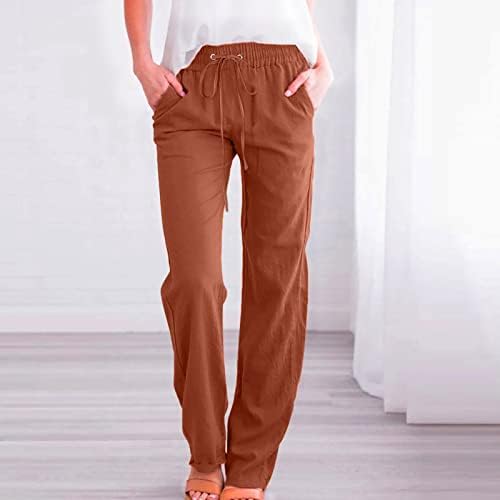 Calças de linho de algodão para mulheres calças casuais de verão com bolsos soltos de cordão solto de cintura alta de cintura