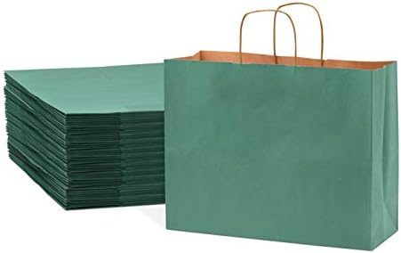 Bolsas de presente verdes - 16x6x12 polegadas 50 Pacote de papel de papel grande de papel Kraft com alças, bolsas de artesanato para pequenas empresas, butiques e varejo, compras, embrulho de presentes, aniversários, festas, eventos, a granel
