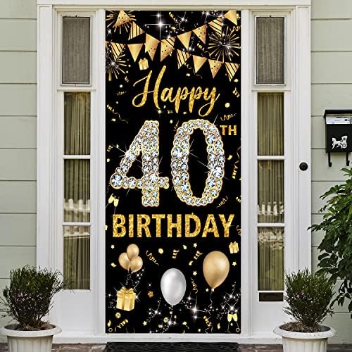 40ª Decorações de aniversário Banner de porta, ouro preto feliz 40º aniversário decorações homens homens, capa de porta decoração