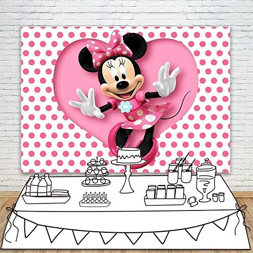 Caso de chá de bebê Minnie Mouse 7x5 Bordado branco DOT PINK com pano de fundo da dança da Minnie para menina 1SR Festa de aniversário