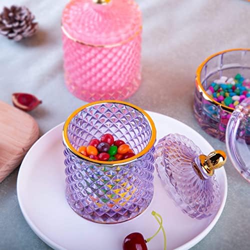 Caixa de jóias de vidro Alamhi Pons de cristal de cristal de bugigangas roxas com tampas de pratos de doces decorativos Jarros de boticário de armazenamento pequeno tigela de doces de armazenamento Gretos exclusivos para mulheres