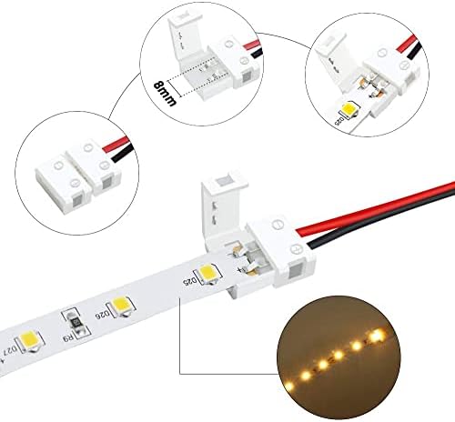 LightingWill 2 pinos Kit de conector de luz de tira LED, conectores de adaptadores sem soldas de 8 mm, acessórios de tira LED definidos para 8 mm de largura 3528 2835 tiras de LED flexíveis de cor única, 24 pacote